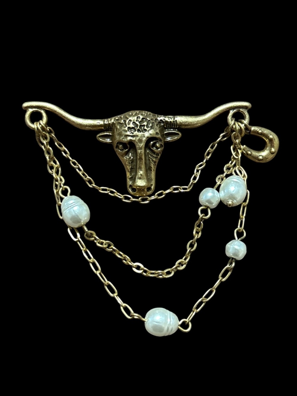 Gold Longhorn Pearl Chain Brooch